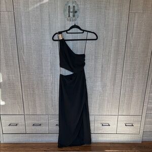 Zara Black One-Shoulder Cutout Dress with‎ Gold Accent